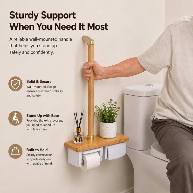 Toilet Safety Rail with Paper Holder & Storage Shelf, Bathroom