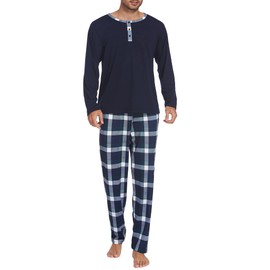 Ekouaer Men's Pyjamas Set Cotton Long Sleeves Pjs Loungewear Plaid 2 Piece Nightwear Soft with Pockets Sleepwear for Men Navyblue