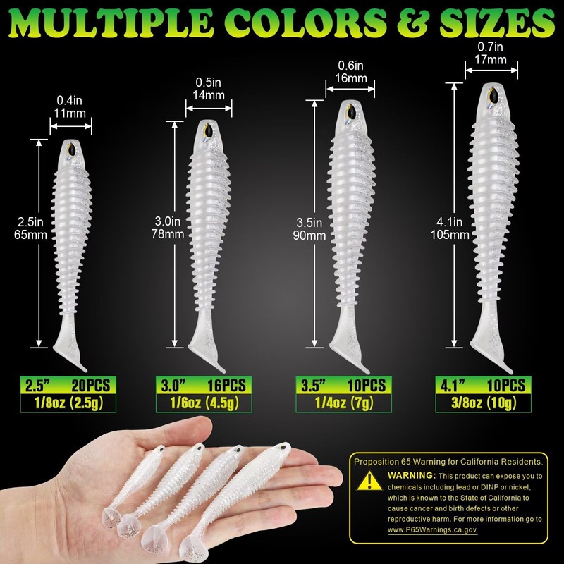 LUCKYFISHING Paddle Tail Swimbaits 16 PCS Fishing Lures Soft Plastic