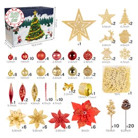 ilauke 163Pcs Christmas Ornaments Set, Shatterproof Tree Ornaments for Whole Christmas Tree with Xmas Poinsettia Flowers/Bow Tie/Christmas Balls/Glitter Hanging/Ribbon/Pine Cones Decor