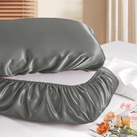 Manyshofu Satin Pillowcases for Hair Protection - 1Pcs Grey Pillow Cases, Elastic Band Standard & Queen Satin Pillowcases Luxury Silky Pillow Cases Travel Pillow Covers