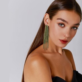 Flyonce Sparkly Rhinestone Bridal Chandelier Earrings, Crystal Statement Long Chain Tassel Dangle Earrings for Women Green Gold-Tone