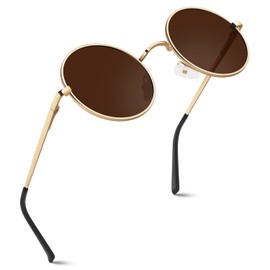 GQUEEN Retro Round Polarised Sunglasses Men Women UV400 Protection MEZ1, Gold transparent brown, M