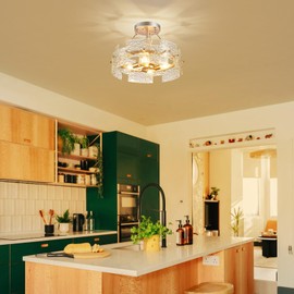 XINGQI Drum Ceiling Lights for Dining Room 4-Light Modern Farmhouse Water Ripple Glass Sliver Ceiling Lighting Fixture 15.7" Bedroom Living Room Hallway Entryway