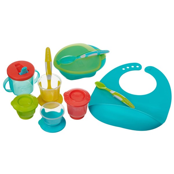 Vital Baby Nourish Start Weaning Kit - Weaning and Feeding Set - Spoons, Pots, Bowl, Cup & Bib - Bright Colours & Durable Materials - BPA, Phthalate & Latex Free - Essential Baby Led Weaning - 10pcs