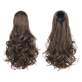 FESHFEN Ponytail Hair Extension with Drawstring 38 cm Wavy Curly Synthetic Hair Extension Clip in Hairpiece Ponytail Hair Braid for Women, Dark Brown Mixed Auburn