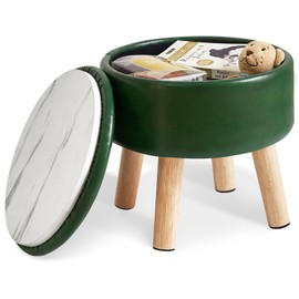 IBUYKE 13 Inch Foot Stool Ottoman with Storage, Round Small Foot Rest with Padded Seat and Wood Legs, PU Faux Leather Mini Footstool for Living Room Couch Bedroom Entryway, Dark-Green WBD023GR