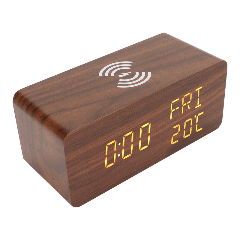 Wooden Digital Alarm Clock Yellow LED Display Adjustable Dimmer Weekday
