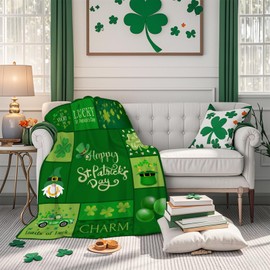 Fuzzy St. Patrick's Day Blanket Gnome Clover Hat Truck Plaid Plush Throw Blanket for Couch Sofa Luxury Soft Cozy Lightweight Blankets for All Seasons 50"x40"