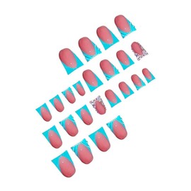 Blue French Tips Press on Nails Medium Duck False Nails with Colorful Rhinestones Design Glossy Skin Tones Fake Nails 3D Water Ripple Glue on Nails Sparkly Stick on Nails for Women Manicure 24Pcs