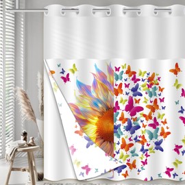Uhexoyo Floral Decorative Shower Curtain Colorful Butterfly Pattern No Hook Shower Curtain with Liner Snap Buttons,71x74in