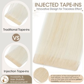 Elailite Injected Tape in Hair Extensions Human Hair - Invisible Skin Weft Remy Natural Real Hair Extension Straight 10 Pcs 25g - #60 Platinum Blonde - 20 Inch