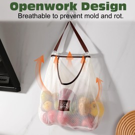 KASESSS 4 Pieces String Bags Shopping, Reusable Net Bag for Vegetables, Portable Cotton Mesh Bag, Hangable Net Bags, Mesh Shopping Bag for Produce, Vegetable and Fruits Storage, Four Sizes, Beige