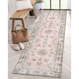 Lahome Pink Runner Rug 2'6"x8' with Rubber Backing, Boho Machine Washable Carpet Runners for Hallways Entryway Non-Slip, Soft Floral Pastel Indoor Mat for Bedroom Kitchen Laundry Bathroom RV