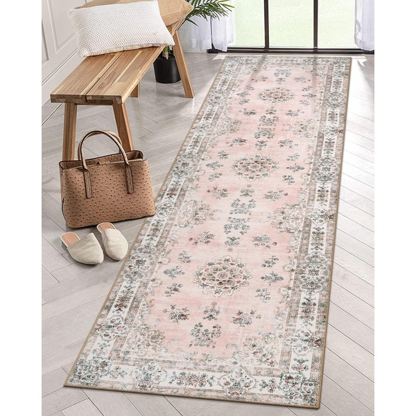 Lahome Pink Runner Rug 2'6"x8' with Rubber Backing, Boho Machine
