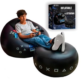 FranFusion Inflatable Gaming Chair for Kids & Teens with Cup Holders and Side Pocket - This Air Bean Bag Game Chair is The Perfect Furniture for Gamer Room Décor (Gaming Time with Ottoman)