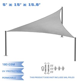 E&K Sunrise 5' x 15' x 16' Sun Shade Sail Right Triangle Canopy Shade Cover with Hardware Kit UV Block for Outdoor Pergola Patio Backyard Garden Deck (Light Gray)