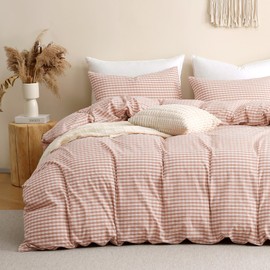 TOCOMOA Pink Tan Gingham Duvet Cover Bedding Set 100% Washed Cotton Like Linen Feel Super Soft Comfy 3 Piece Vintage Plaid Checkered Fall Comforter Cover Set (King 104"x90", Comforter Not Included)