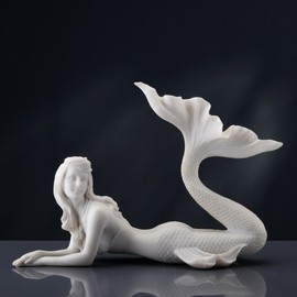 Veronese Design 7 5/8 Inch Mermaid Lying Resin Sculpture Marble White Finish Nautical Home Decor