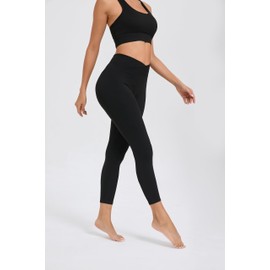 PLYOX - Conjunto de ropa deportiva para mujer, leggings acanalados y lisos, pantalones cortos con cruz en V y fitness, estilo y versátil para entrenamiento, Negro -, S
