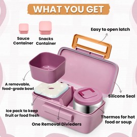 PIQUEBAR Bento Lunch Box for Kids with Thermo Ice Pack Lunch Food Container Bag, 18oz Sport Water Bottle for Kid Girls Boys (Pink Mermaid)