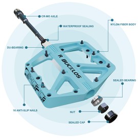 BUCKLOS Mountain Bike Pedals MTB Pedals Flat, Bicycle Road Bike Adult Large Platform Pedal with Non-Slip Grips for Gravel/Ebike/Hybrid Bikes/Beach Cruiser(9/16 Nylon Blue)