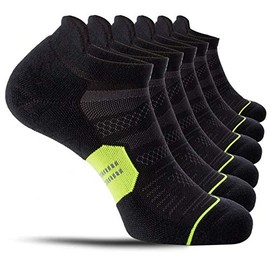 CelerSport 6 Pack Men's Running Ankle Socks with Cushion, Low Cut Athletic Tab Socks, Black + Green, Large