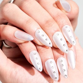 GLAMERMAID Press on Nails Almond Short,Handmsde White Pearl False Nails with Design,24 Pcs Glue on Nails for Wedding,Reusable Acrylic Stick on Nails Tips for Women Girl Gift