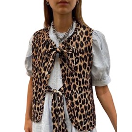 Yimoon Women's Leopard Print Tie Front Vest Top Lightweight Quilted Puffer Vest Y2k Sleeveless Padded Gilet(Leopard-L)