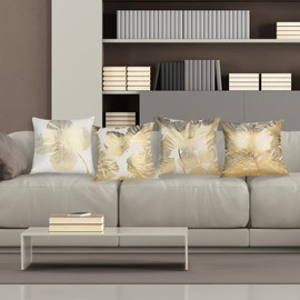 HOSTECCO Gold Cushion Covers Pack of 4 Golden Leaves Pillow Cases Square Decorative Throw Pillow Covers for Sofa Couch 45x45 cm