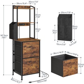 HOOBRO 2-Drawer File Cabinet, Filing Cabinet with Charging Station, 3-Tier Tall Office Cabinet with Open Shelf, Filing Cabinet for Home Office, A4/Letter-Sized Files, Rustic Brown and Black BF24UWJ01