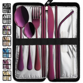 Portable Travel Utensils, Reusable Silverware with Case for Fixing Tableware, 9 Pieces Stainless Steel Stable Flatware Set, Camping Picnic Cutlery Set (Purple Set)