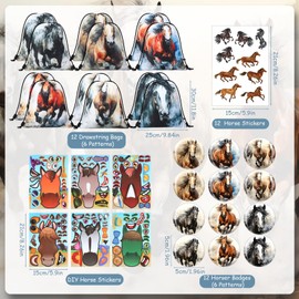 Dansydaisy 114 Pcs Horse Themed Party Favor Supplies with Drawstring Bag Mini Figurines Keychain Silicone Bracelets Badges Puzzle Stickers Notepads Soft Pencils for Horses Birthday Party Decoration