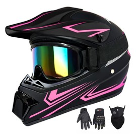 XINGSILUC Youth Kids Motocross Helmet, Adult ATV Dirt Bike Helmet with Goggles Gloves & Mask Quick, Full Face Motorcycle Helmet with Quick Release Buckle DOT Certified-Pink,XL