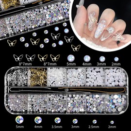 3 Boxes 3D Flowers Bows Nail Art Charms, White Flower Butterfly Nail Charms Transparent Nail Bows, Flatback Pearl Nail Charms Gold Silver Caviar Beads Nail Gems Charms for Nail DIY Accessories