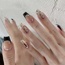 Fling Olas Press-on Nails, Handmade with Gel UV Finished, False nails with Nail Kit, Reusable, Medium Coffin Shape for Women, 10PCS, Polka Dots, Large Size