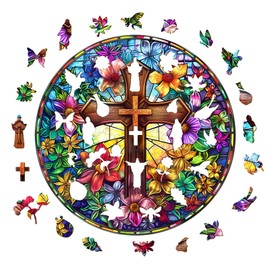 Wooden Jigsaw Puzzles, Wooden Puzzles for Adults & Kids, Wood Puzzles Adult Unique Shape Stained Glass Cross, Gifts for Women and Men, Family Puzzles (11.4 * 11.4in 200pcs)