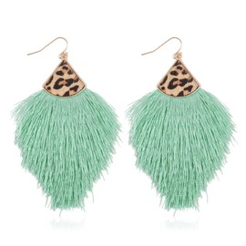RIAH FASHION Bohemian Silky Thread Tassel Statement Drop Earrings - Strand Fringe Lightweight Feather Shape Dangles, Chandelier Duster (Leopard Fringe - Mint)