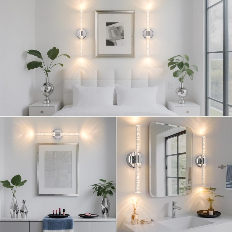 Povectolay Silver Wall Light LED Battery Operated Wall Sconces(2 Pack),