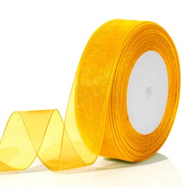Gold Ribbon for Flower Bouquet 1 Inch 50 Yards Sheer Yellow Ribbon for Mothers Day Gift Basket Tulle Ribbon for Gift Wrapping Ribbons for Crafts Stain Ribbon Thin Ribbon for Party Favors