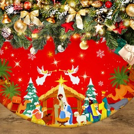 HOWAF Nativity Christmas Tree Skirt,O Holy Night Tree Skirt for Christian Xmas Holiday Tree Mat Decoration,Nativity Scene Christmas Tree Skirt for Religious Christmas Home Decor,Polyester Fabric 36''