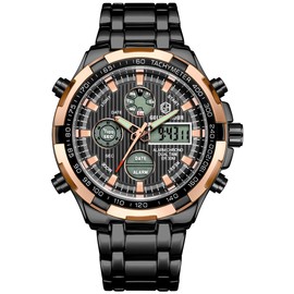 GOLDEN HOUR Heavy Stainless Steel Analog Digital Mens Watches Work Sport Waterproof Big Face Wristwatch Rose Gold Black