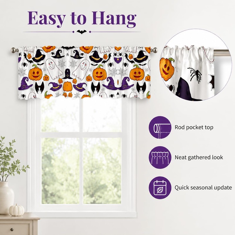 Halloween Window Valance Pumpkin Ghost Bat Kitchen Curtain 54x18