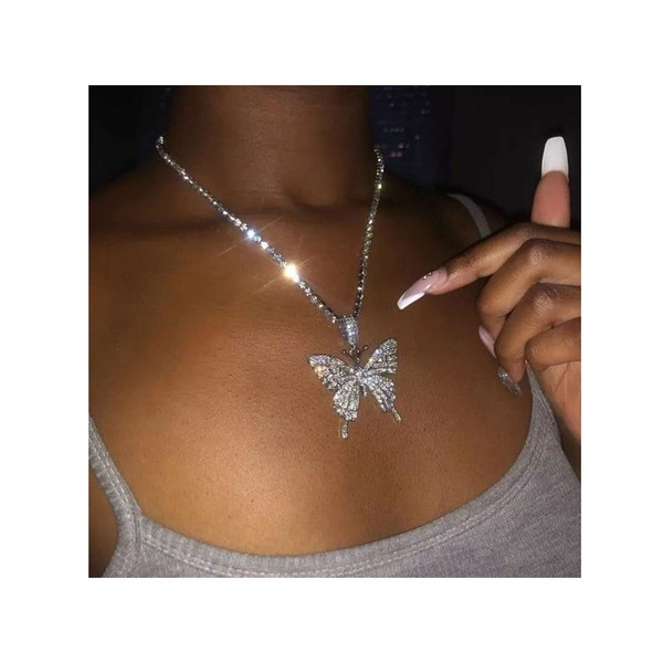 Wendalern Boho Crystal Butterfly Choker Necklace Silver Rhinestone Pendant Chains