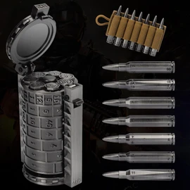 CZYY Rifle Bullet Dice Set - Solid Metal 7 Polyhedral Dice Set with Spinning Container Case & Cartridge Holder Belt - Perfect Role Playing Dice Set for DND, Tabletop Games (Silver)