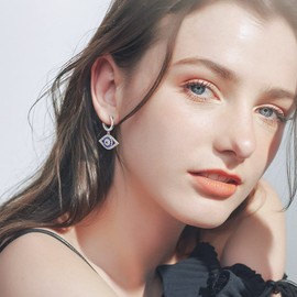 PEIMKO Evil Eye Dangle Hoop Earring for Women Sterling silver Turkish Protection Dangle Earring Amulet Gift for Women