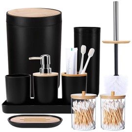SLDIYWOW White Bathroom Accessories Sets Complete, 9-Piece White Bathroom Set with Trash Can,Vanity Tray, Soap Dispenser, Soap Dish, Toothbrush Holder, Toothbrush Cup,Toilet Brush and Qtip Holders