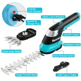 DURATECH Cordless Hedge Trimmer, 7.2V 2-in-1 Handheld Rechargeable Grass Trimmer & Hedge Shears with USB Type-C Cable, Built-in Li-ion Battery, Electric Shrub & Grass Shears for Garden, Yard and Lawn