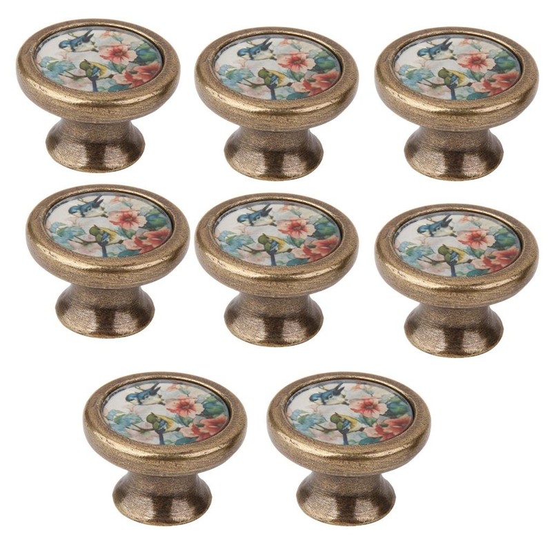 LOVIVER 8Packs Bird Flower Pattern Door Knobs Kitchen Cupboard Knobs