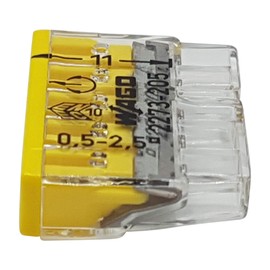 Wago 2273-205 Compact Splicing Connector, Cross-Section 0.5 - 2.5 mm², 5-Conductor, Pack of 10, Transparent/Yellow